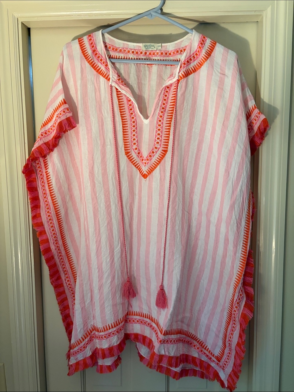 Spartina 449 Pink & White Striped Embroidered Tassel Tunic